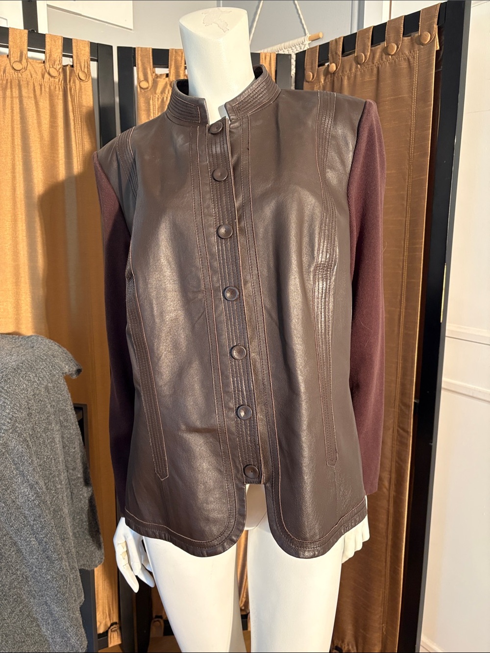 Women’s Brown Leather Front Jacket with Knit Sleeves